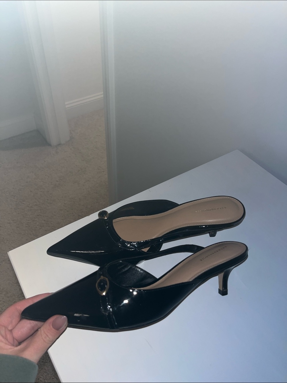 Anthropologie Black Patent Pointed-Toe Slingback Mules with Gold Buckle - Picture 6 of 11